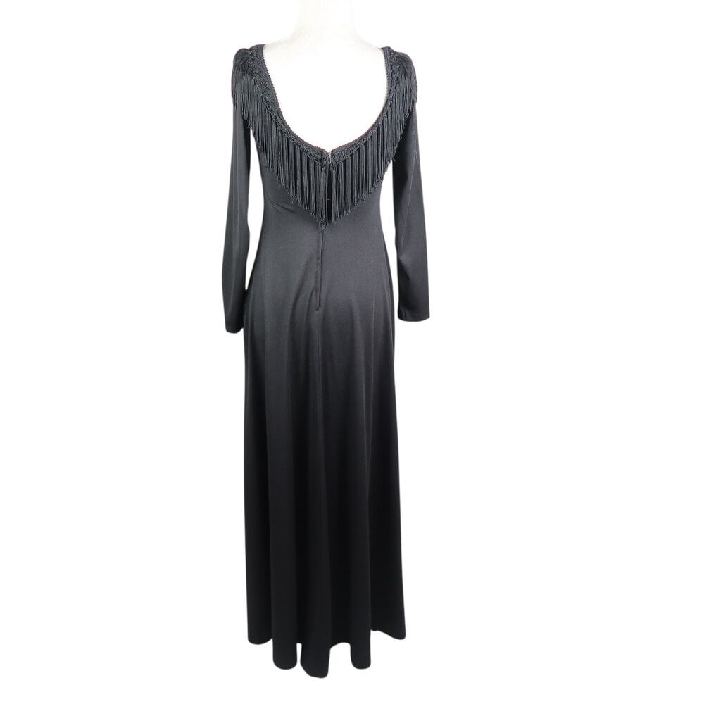 Vintage 70s Black Fringe Collar Trim Long Sleeve Maxi Dress 8 - Picture 4 of 6